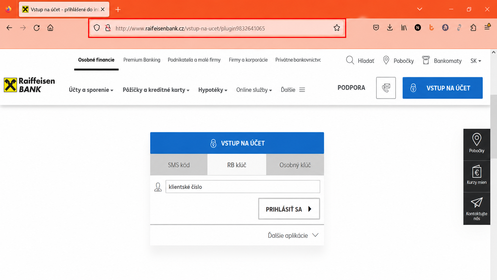 Ukážka podvodnej stránky napodobňujúcej Raiffeisenbank - Kybernetická bezpečnosť a NIS2