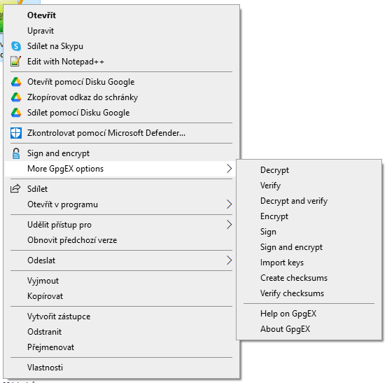 Kontextové menu GPG v správcovi súborov - Kybernetická bezpečnosť