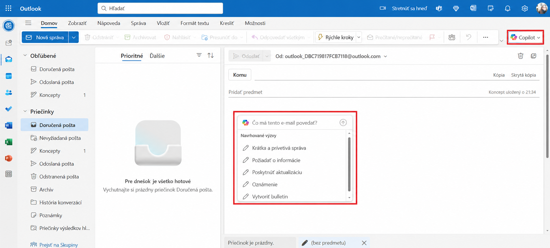 Koncept e-mailu vytvorený pomocou Copilota v Outlooku - Použitie AI v aplikáciách
