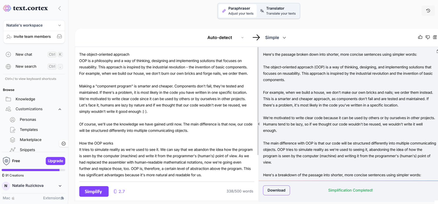 TextCortex – Výsledok zjednodušenia - AI - Majstrovstvá produktivity s umelou inteligenciou