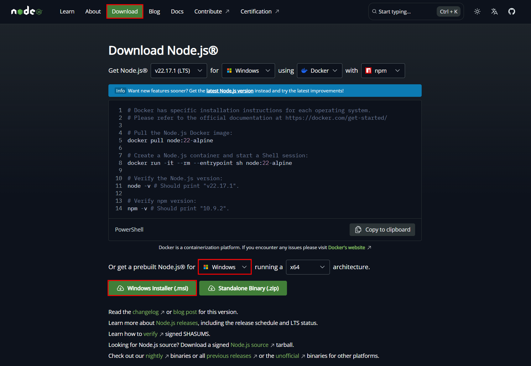 Stažení instalátoru Node.js - Základy React