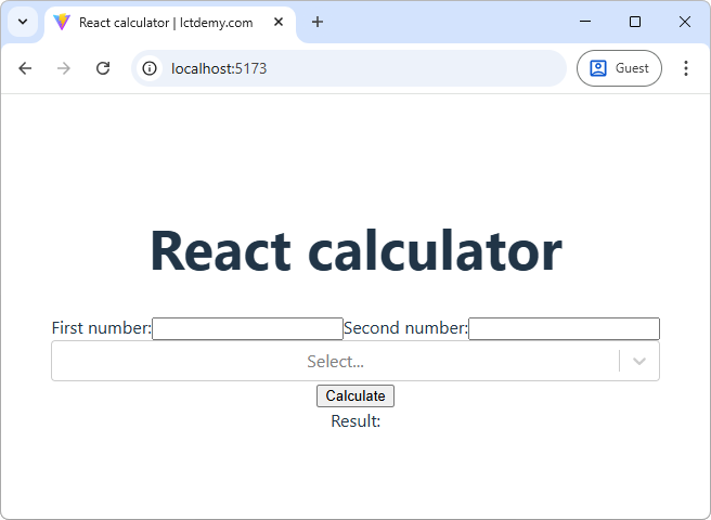 Aktuálný vzhľad formulára kalkulačky - Základy React