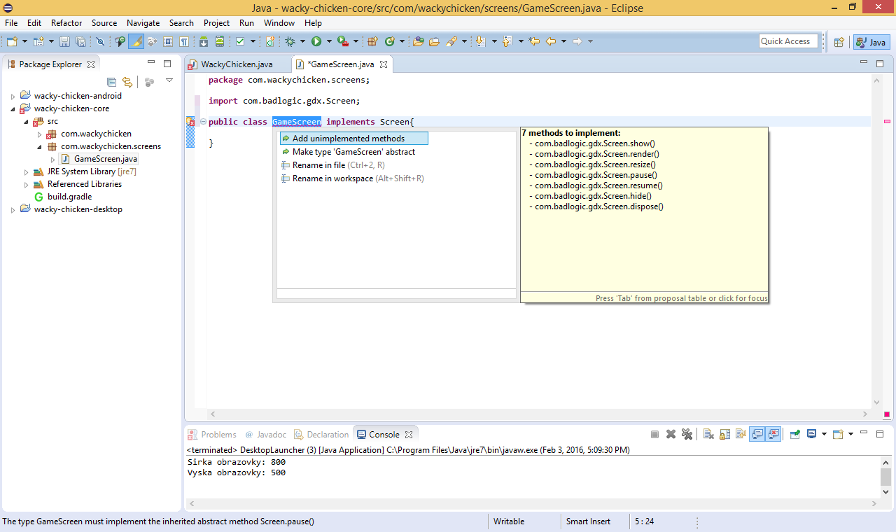 Pridať neimplementované metódy - Programujeme Android hru