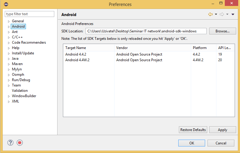 Nastavenie prístupu k SDK - Programujeme Android hru
