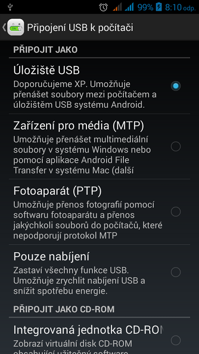 Vyberieme možnosť úložisko USB - Programujeme Android hru