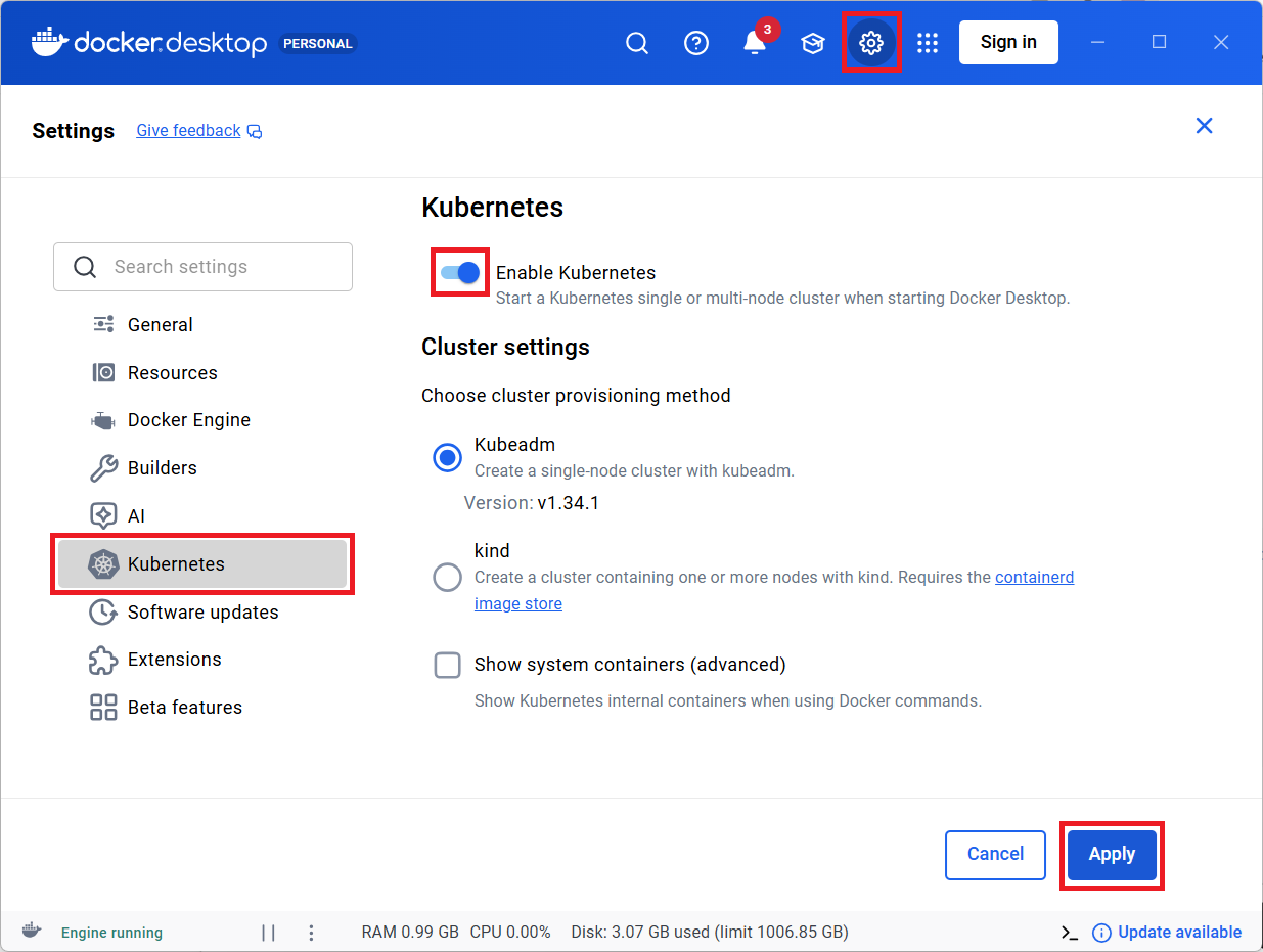 Enable Kubernetes v Docker Desktop - Sieťové technológie