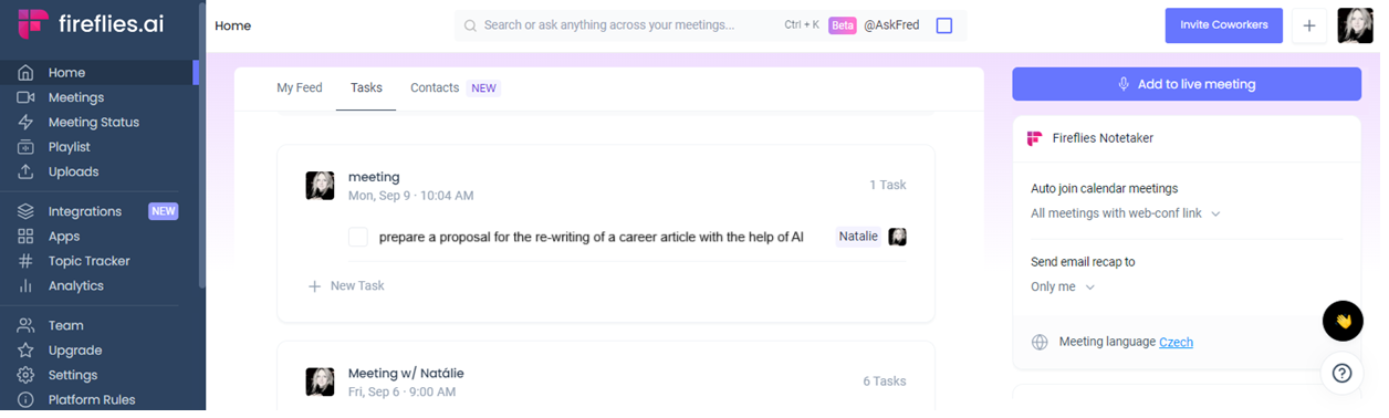 Úlohy s Fireflies.ai - Umelá inteligencia