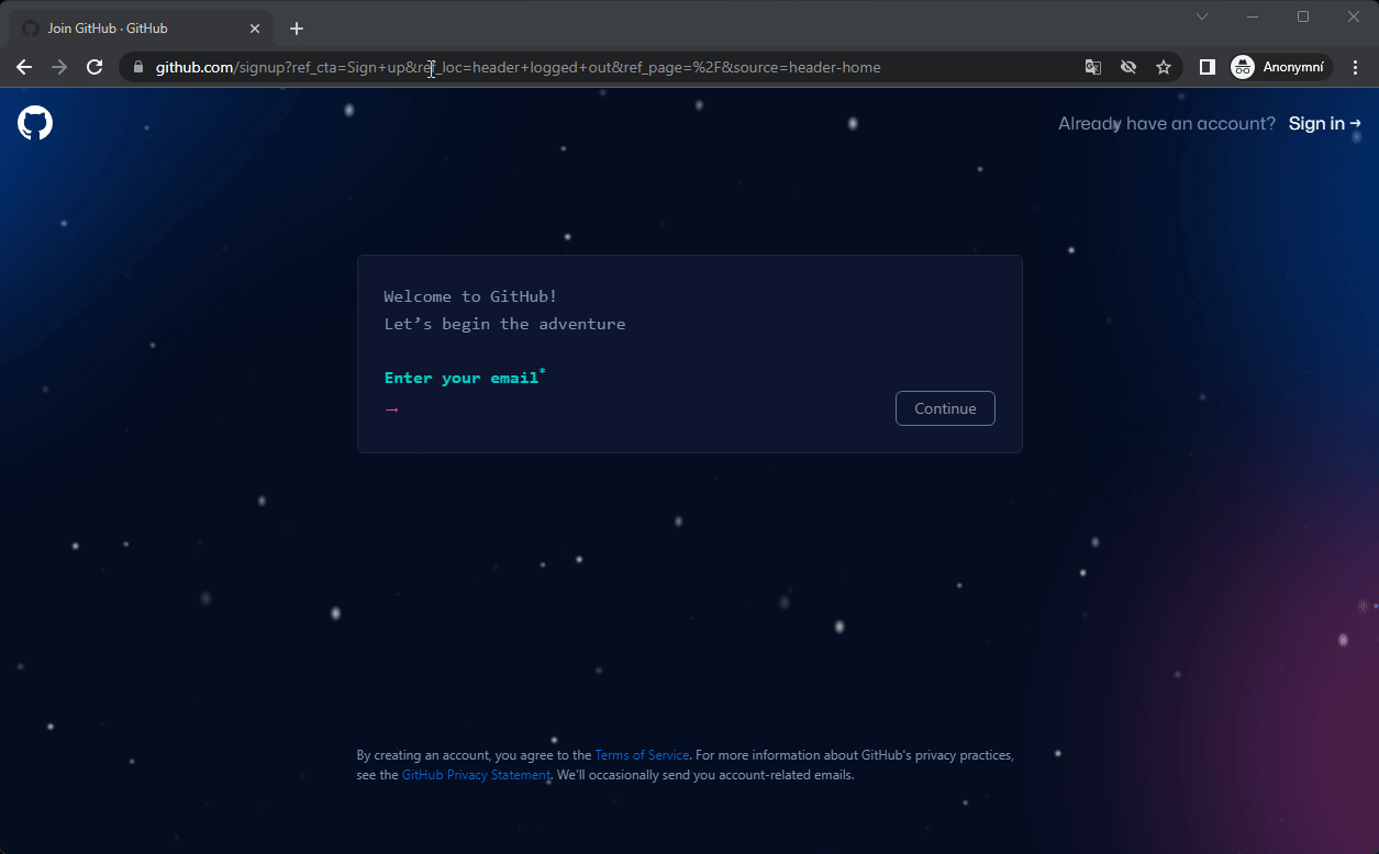 Registrácia na GitHub - Základné konštrukcie jazyka JavaScript
