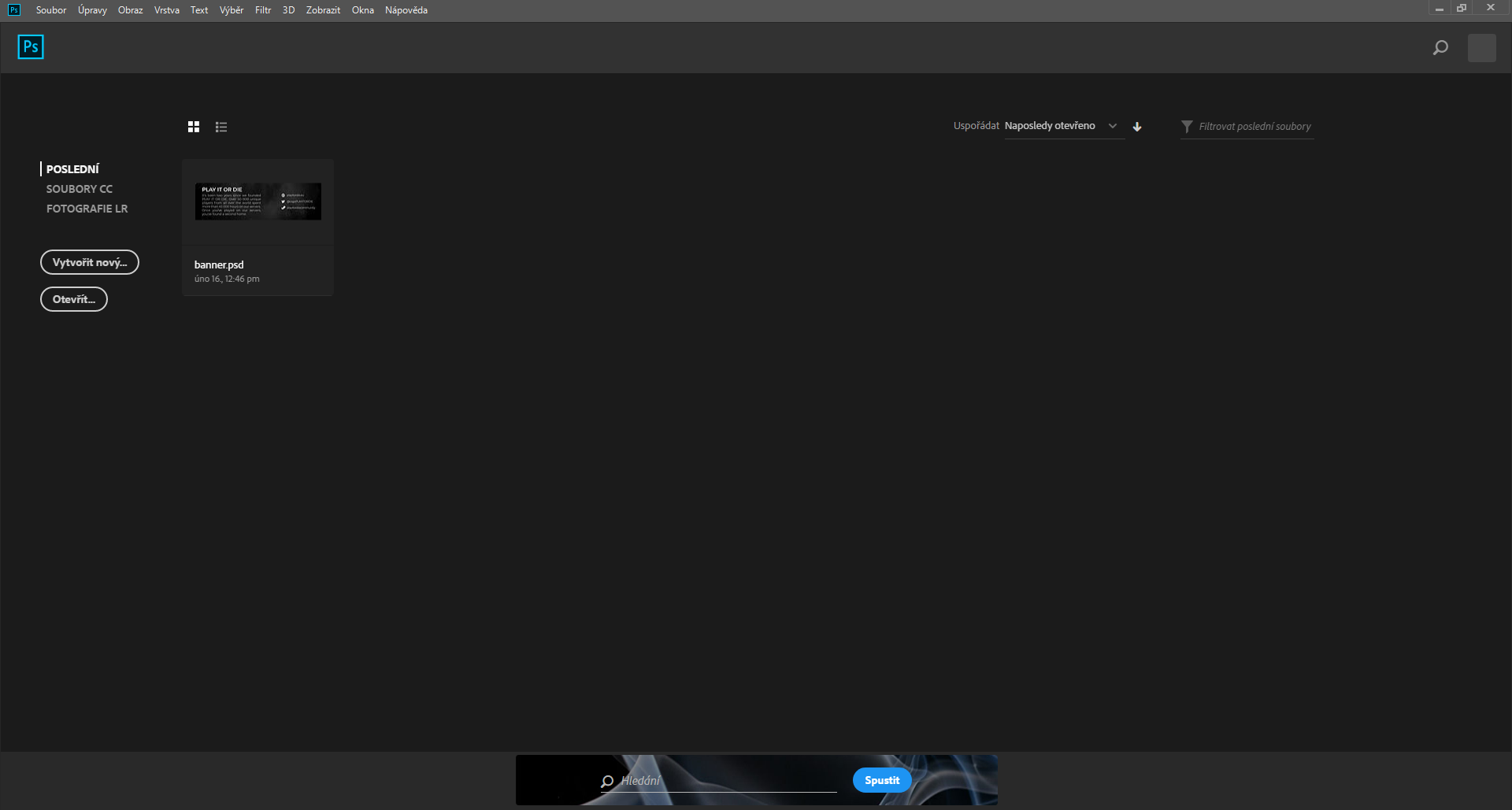 Domovská obrazovka Adobe Photoshop - Základy Adobe Photoshop