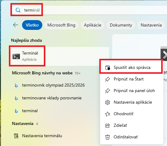 Spustenie terminálu s administrátorskými právami - Windows