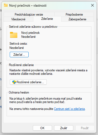 Karta zdieľania vo vlastnostiach priečinka - Windows