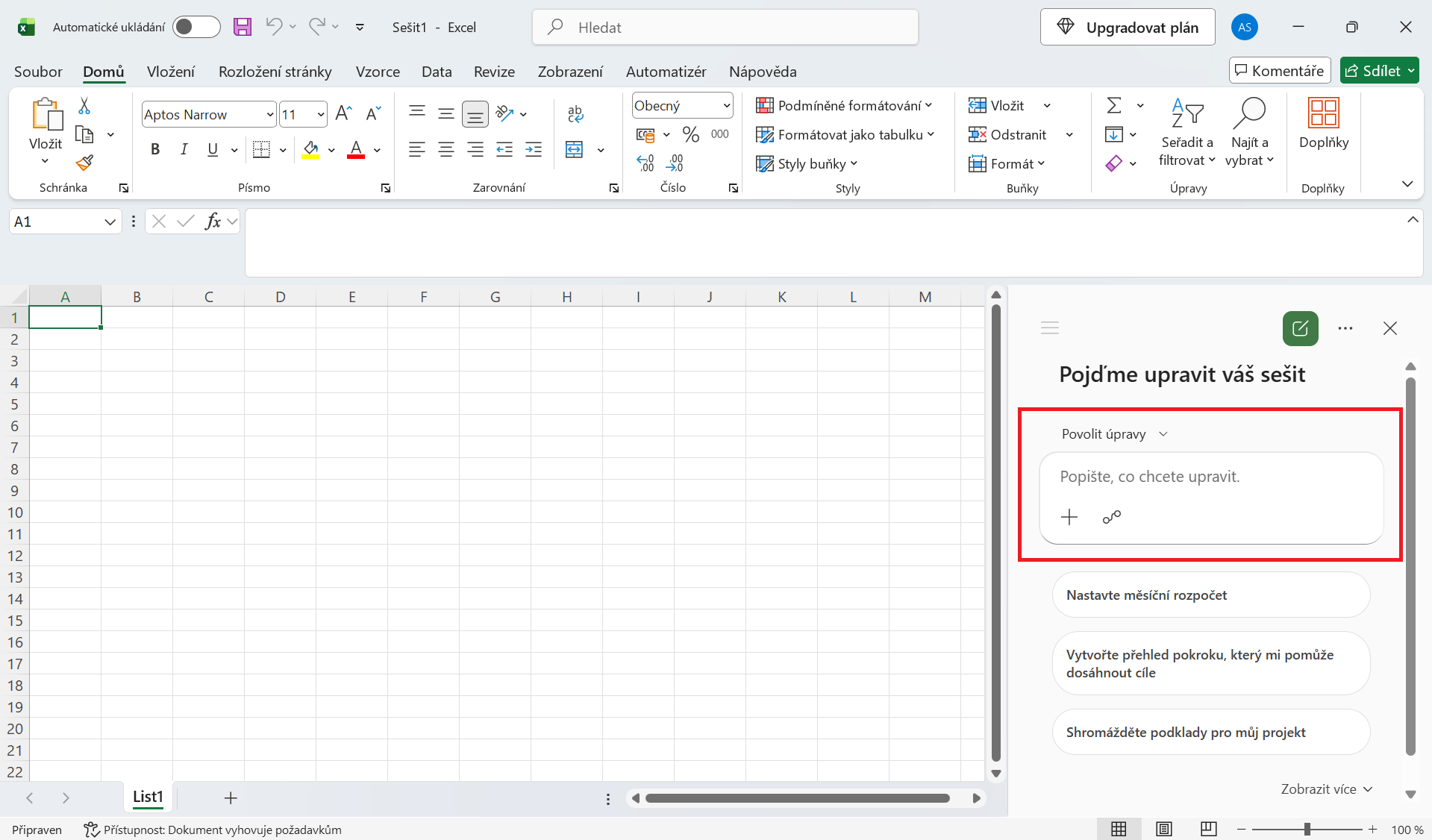 Otvorená podokno Copilotu v Microsoft Exceli  - Základy Microsoft Excel - Základy Microsoft Excel