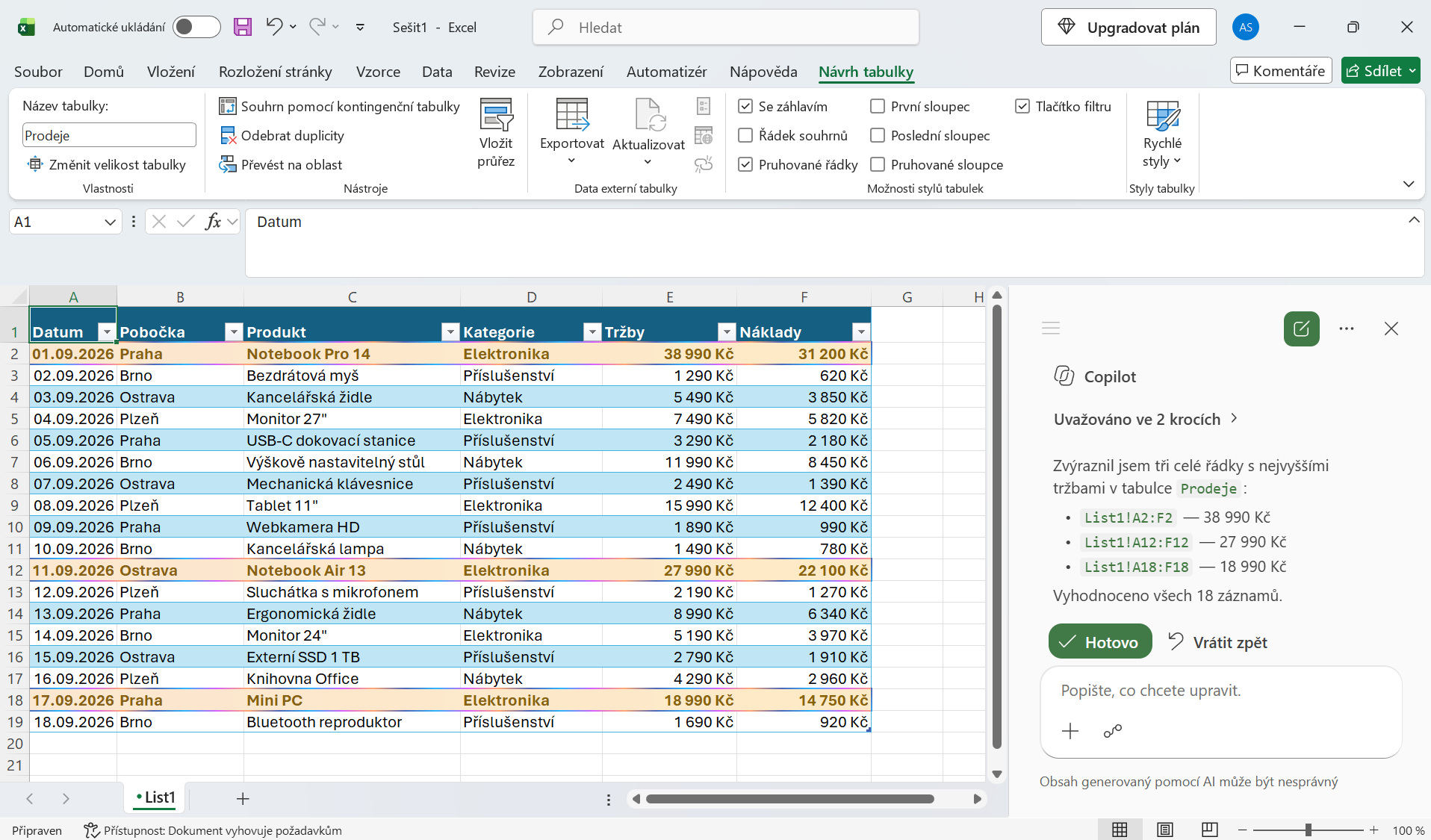 Zvýraznenie hodnôt pomocou Copilotu - Základy Microsoft Excel - Základy Microsoft Excel