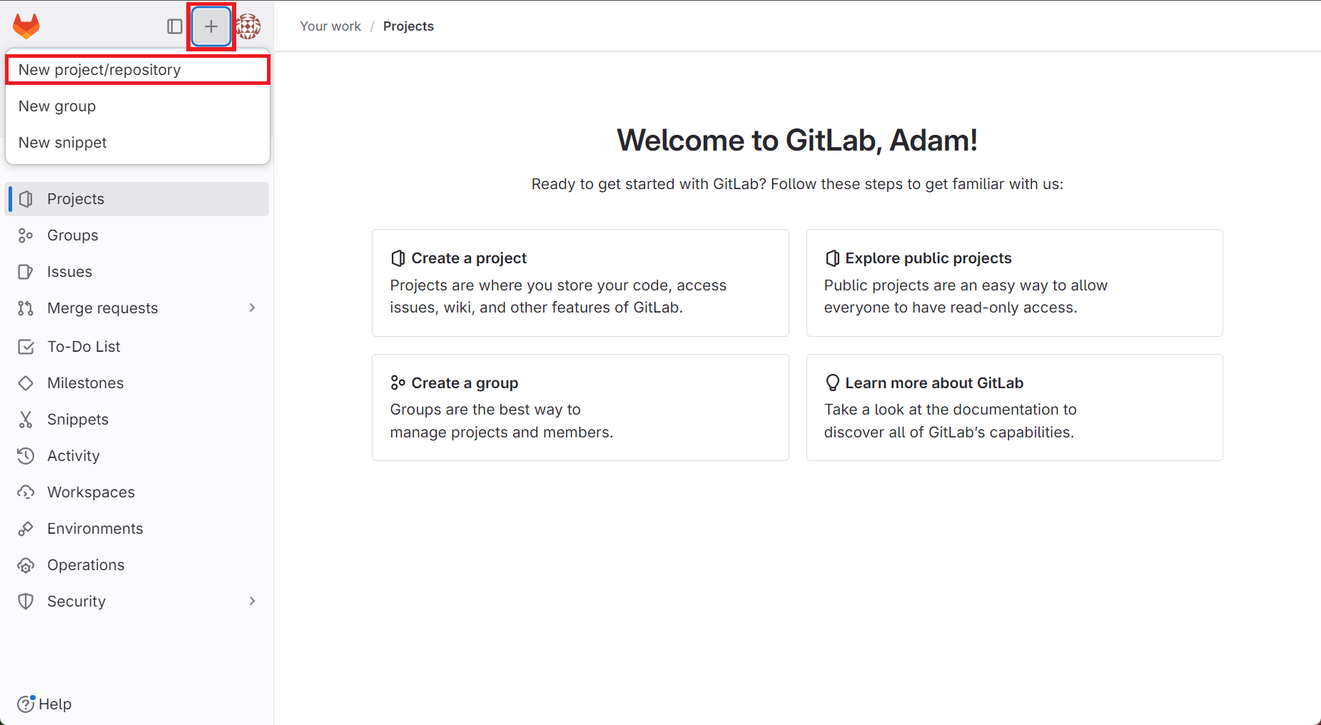 Otvorenie ponuky na vytvorenie nového projektu - Git