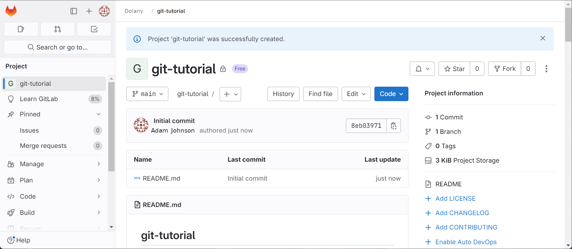 Úspešné vytvorenie nového projektu - Git