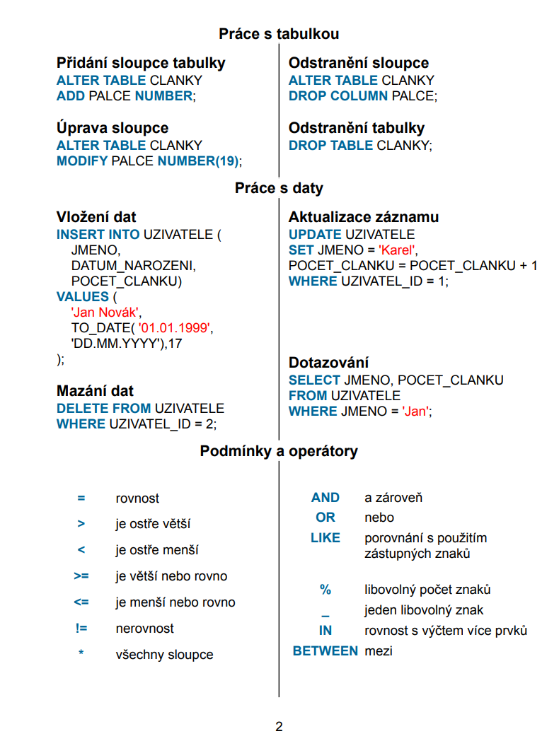Ťahák syntaxe Oracle - Oracle - Oracle