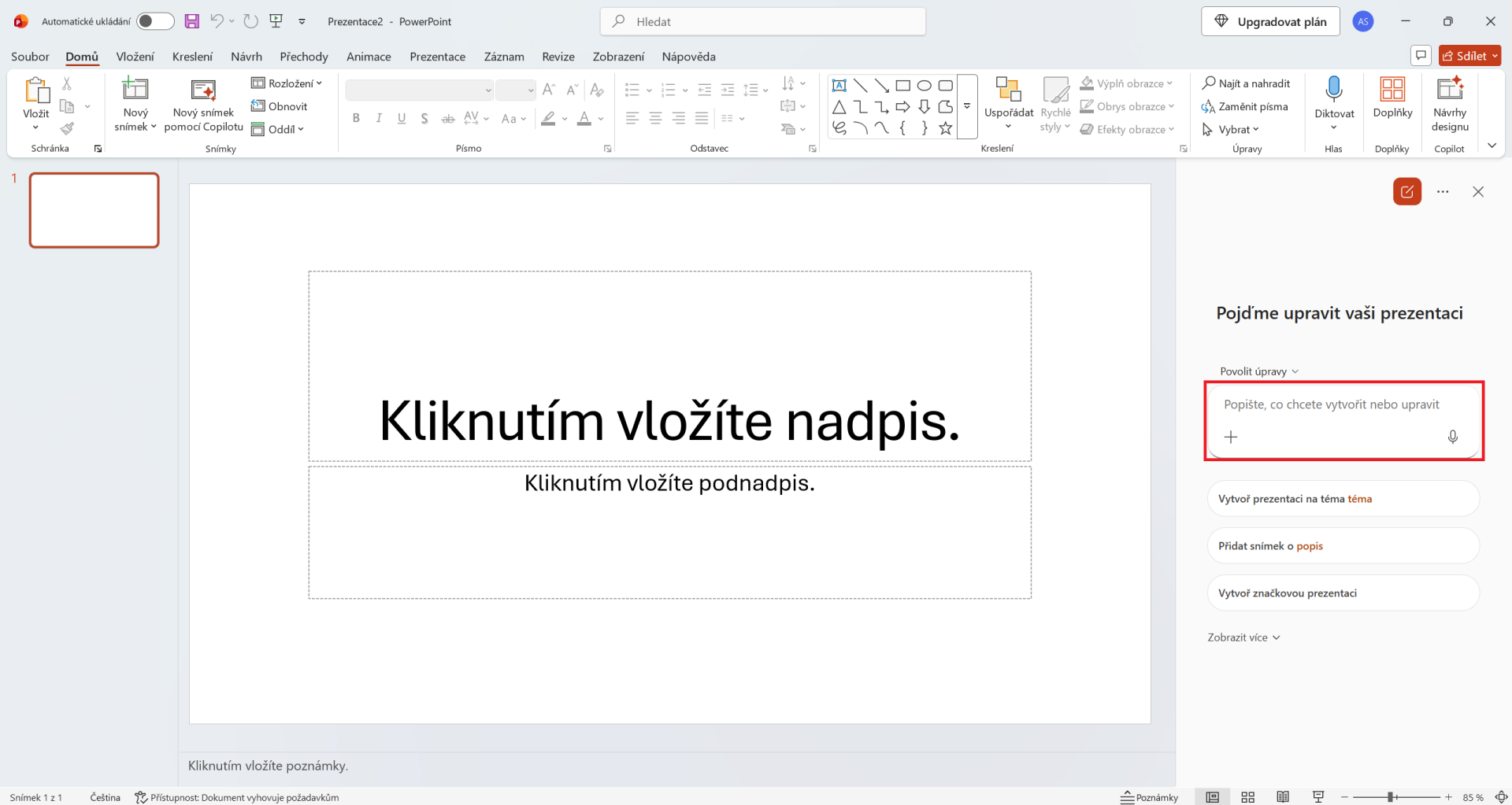 Otvorená podokno Copilotu v Microsoft PowerPointe  - Základy Microsoft PowerPoint - Základy Microsoft PowerPoint