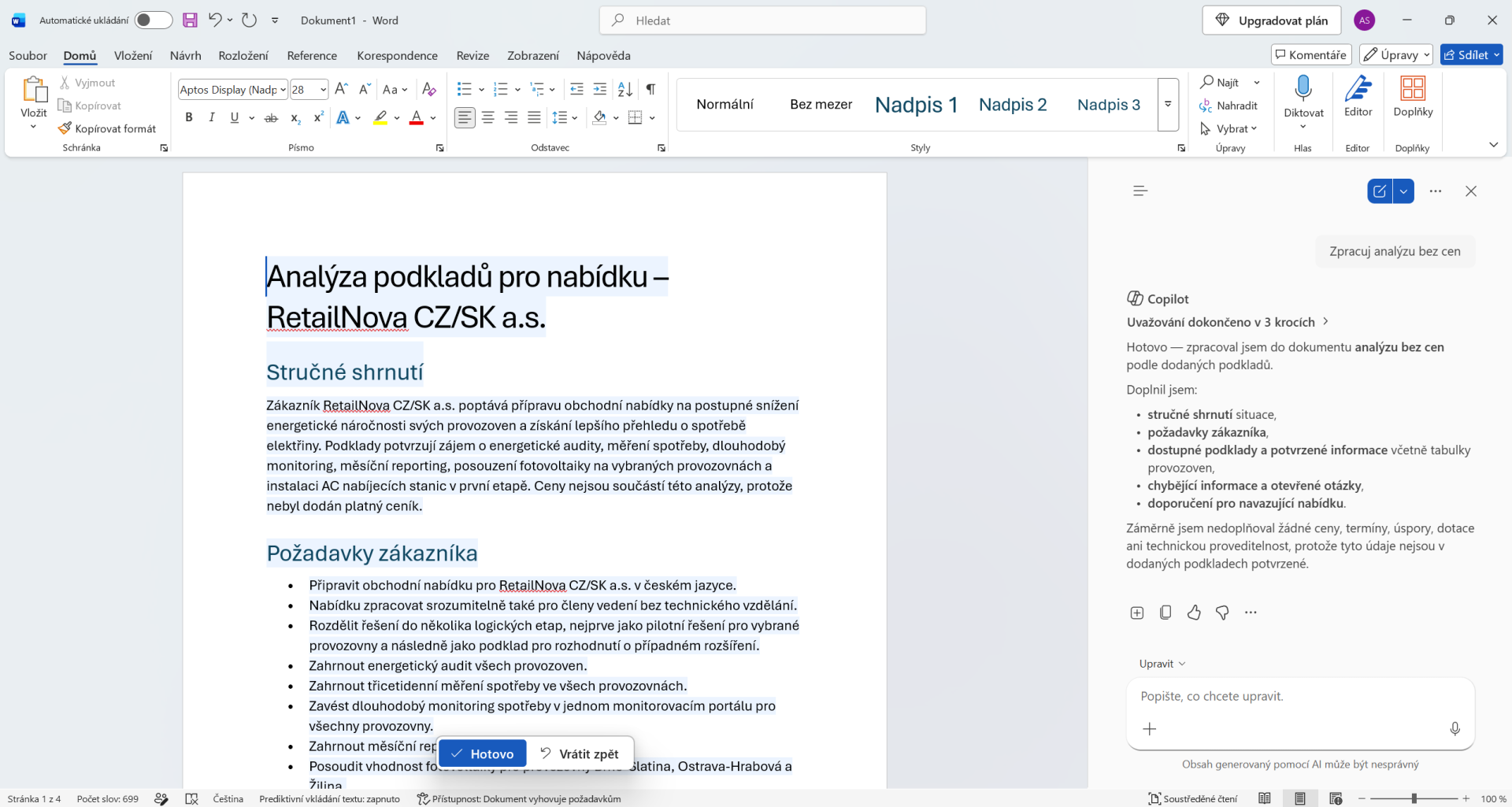 Analýza požiadaviek zákazníka pomocou Copilotu vo Worde - Základy Microsoft Word - Základy Microsoft Word