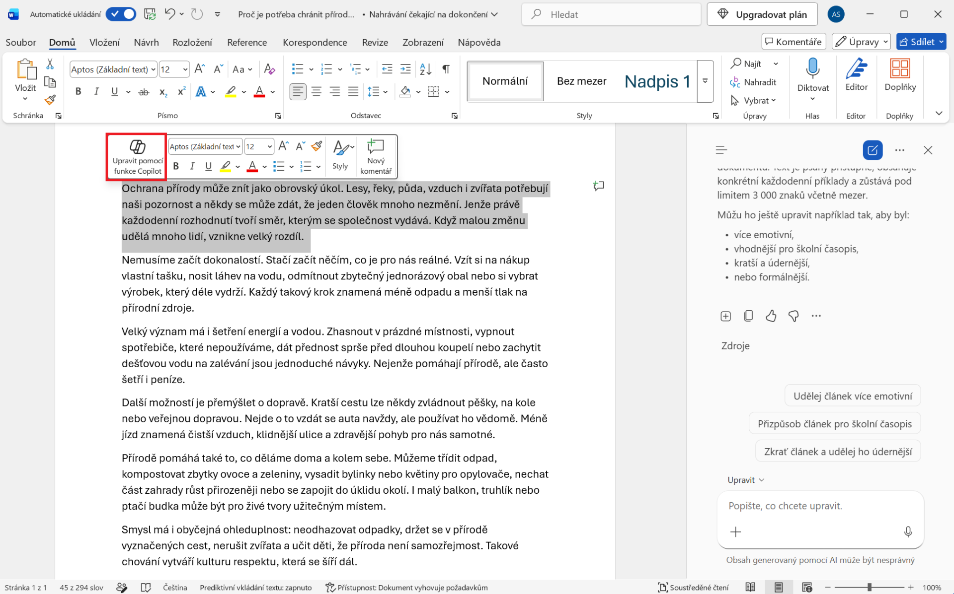 Voľba Copilotu nad označeným textom - Základy Microsoft Word - Základy Microsoft Word