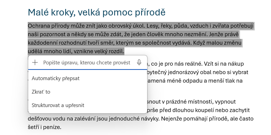 Možnosti Copilotu nad označeným textom - Základy Microsoft Word - Základy Microsoft Word