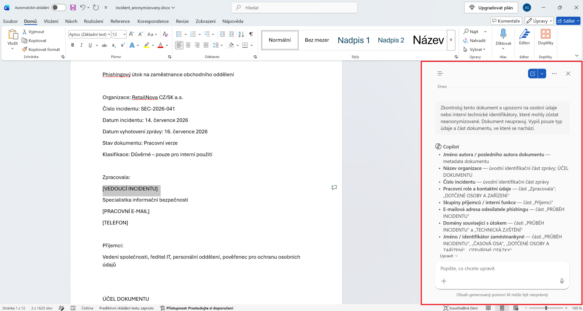 Kontrola anonymizácie dokumentu pomocou Copilotu vo Worde - Základy Microsoft Word - Základy Microsoft Word
