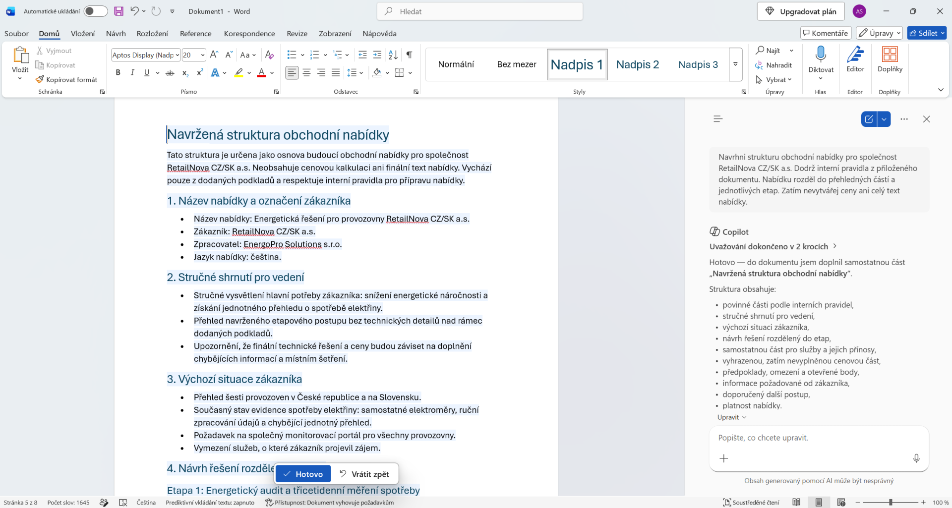 Návrh štruktúry obchodnej ponuky vytvorený Copilotom - Základy Microsoft Word - Základy Microsoft Word