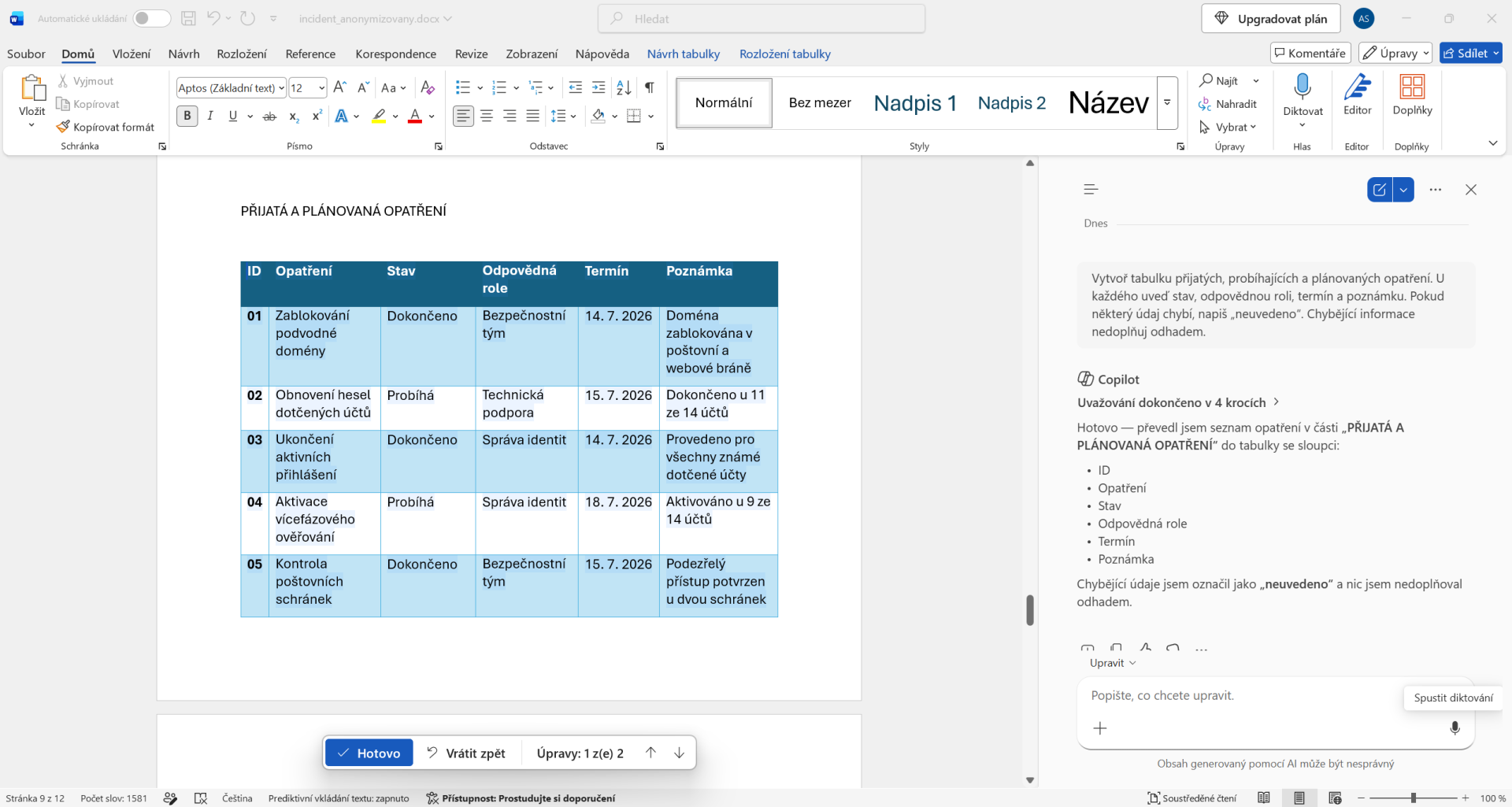 Prehľad opatrení, zodpovedností a termínov vytvorený Copilotom - Základy Microsoft Word - Základy Microsoft Word