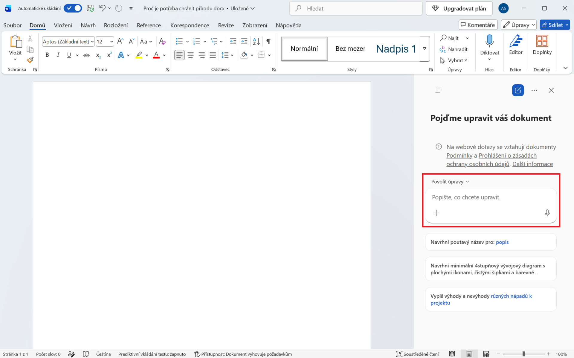Otvorená podokno Copilotu v Microsoft Worde  - Základy Microsoft Word - Základy Microsoft Word