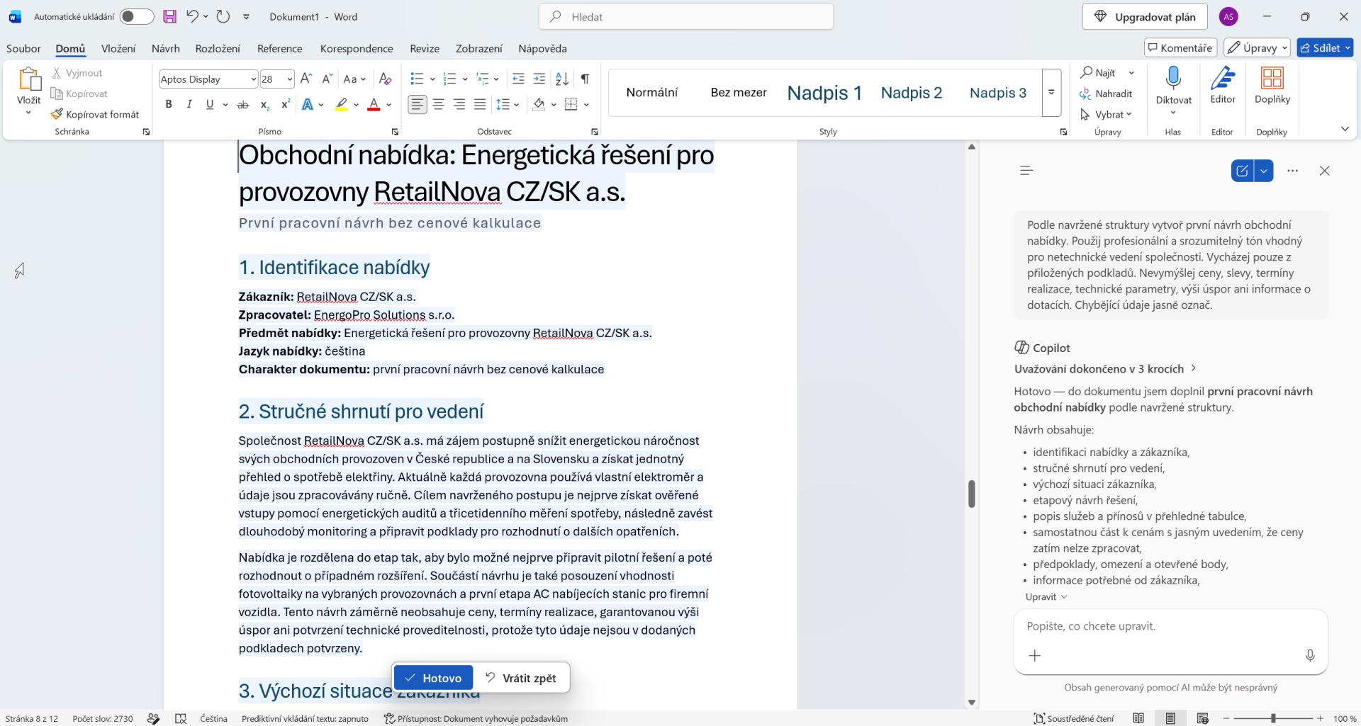 Prvý návrh obchodnej ponuky vytvorený Copilotom vo Worde - Základy Microsoft Word - Základy Microsoft Word