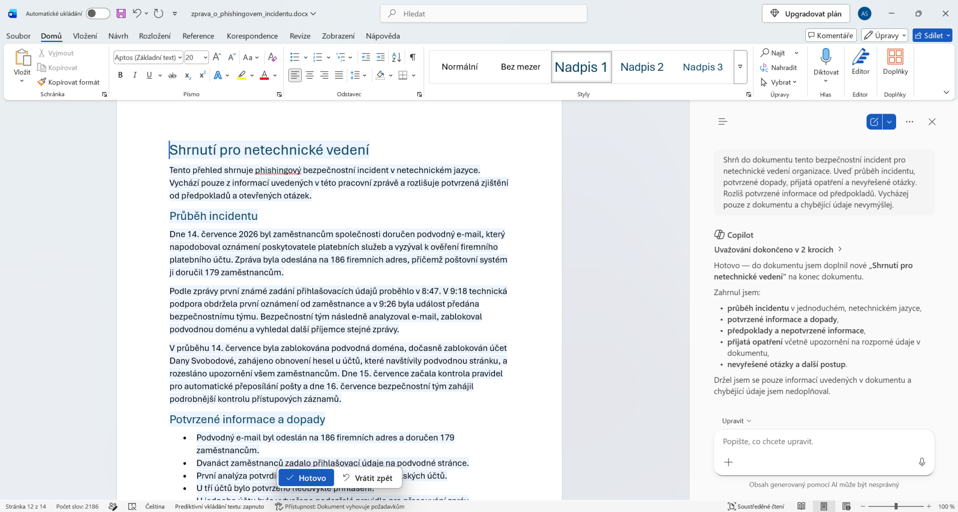 Zhrnutie phishingového incidentu vytvorené Copilotom - Základy Microsoft Word - Základy Microsoft Word