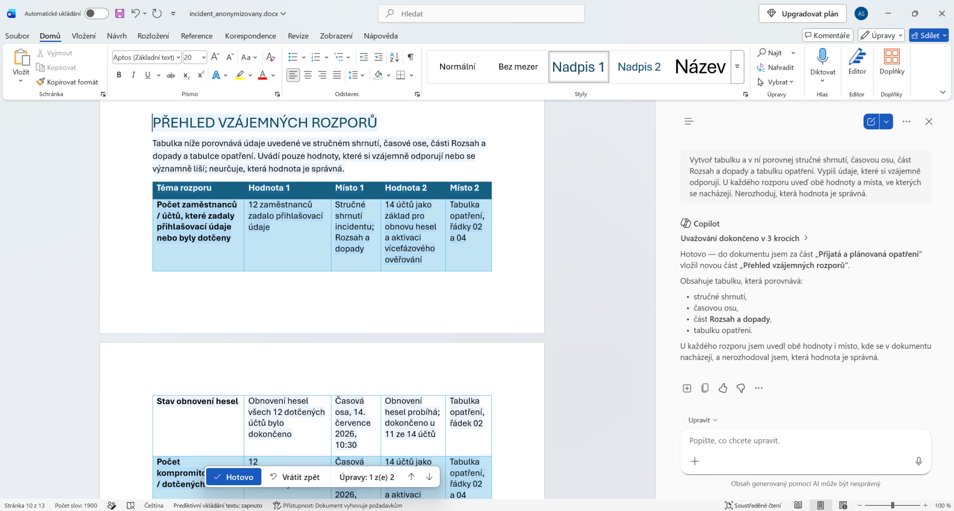 Rozpory v správe o phishingovom incidente nájdené Copilotom - Základy Microsoft Word - Základy Microsoft Word