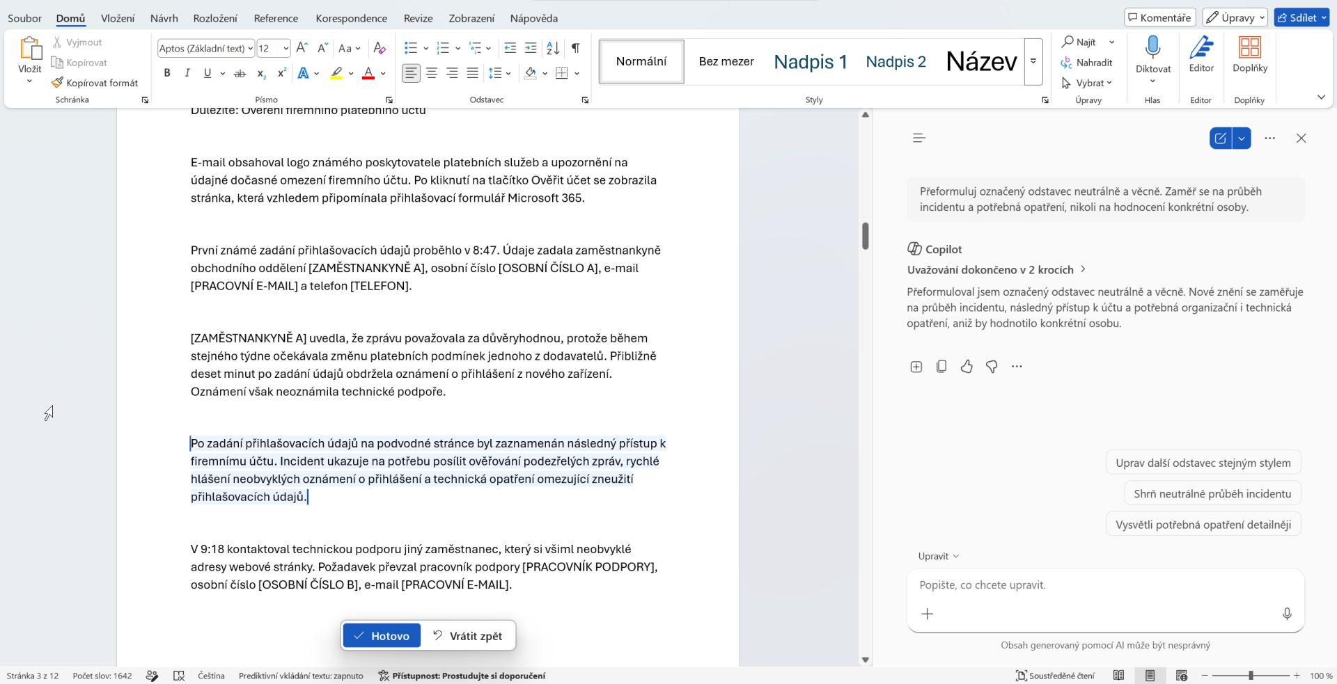 Úprava odborného a obviňujúceho textu pomocou Copilotu - Základy Microsoft Word - Základy Microsoft Word
