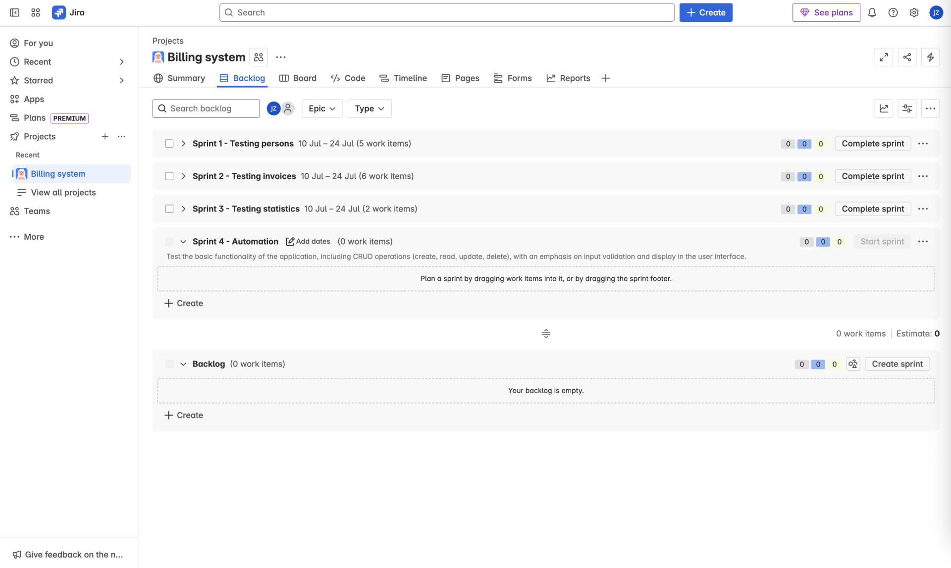 Pripravené šprinty v backlogu - Praktické testovanie projektov - Automatizované testovanie