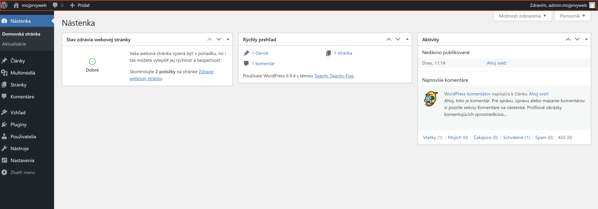 Administračná lišta - WordPress - Základy
