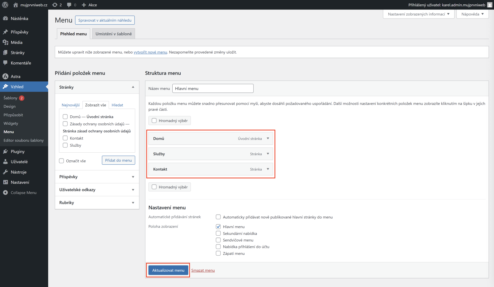 Aktualizácia menu. - WordPress - Základy - WordPress - Základy