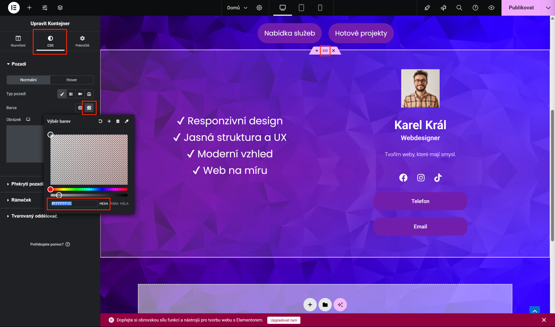 Nastavenie farby pozadia kontajnera v druhej sekcii. - WordPress - Základy - WordPress - Základy