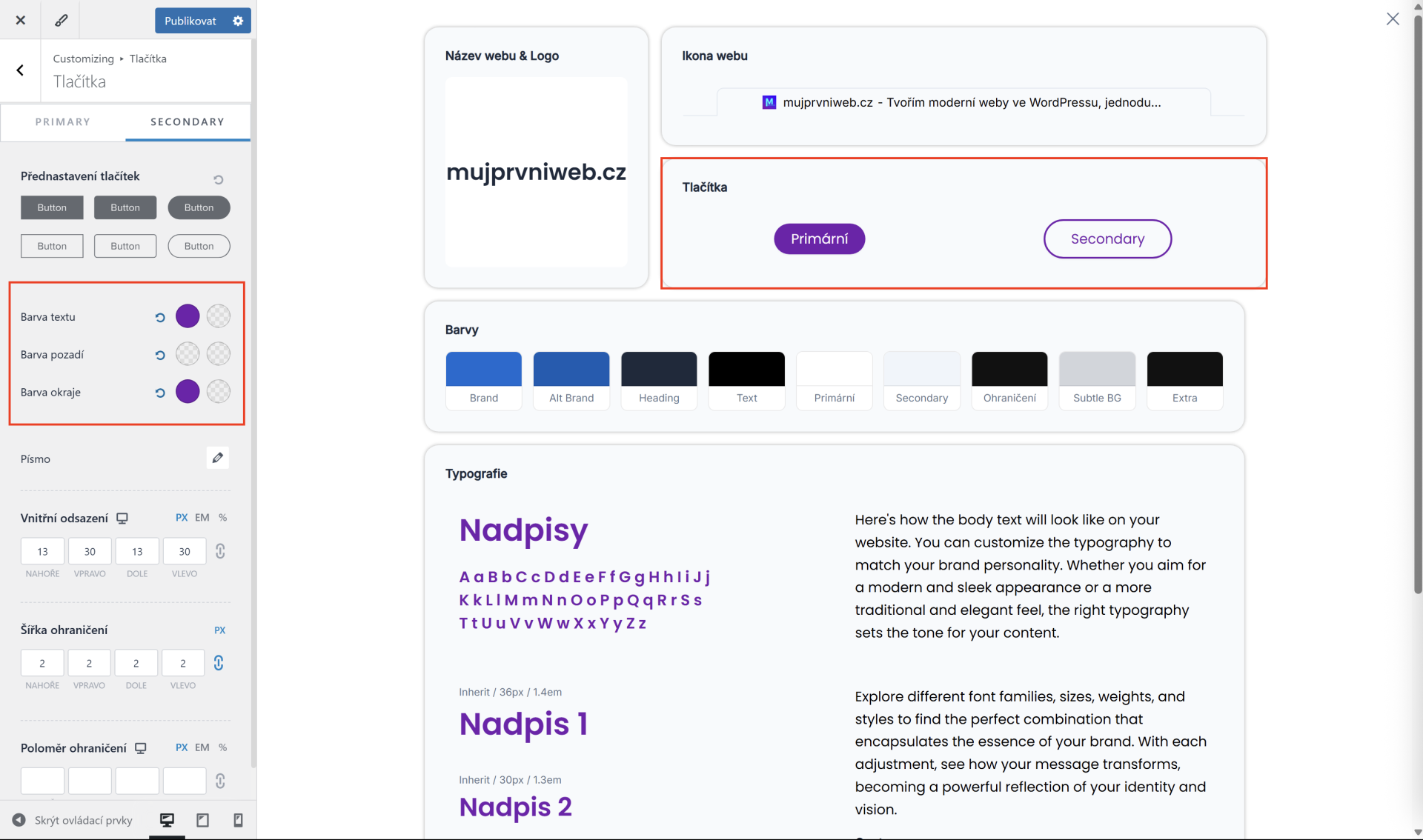 Nastavenie farieb sekundárneho tlačidla. - WordPress - Základy - WordPress - Základy