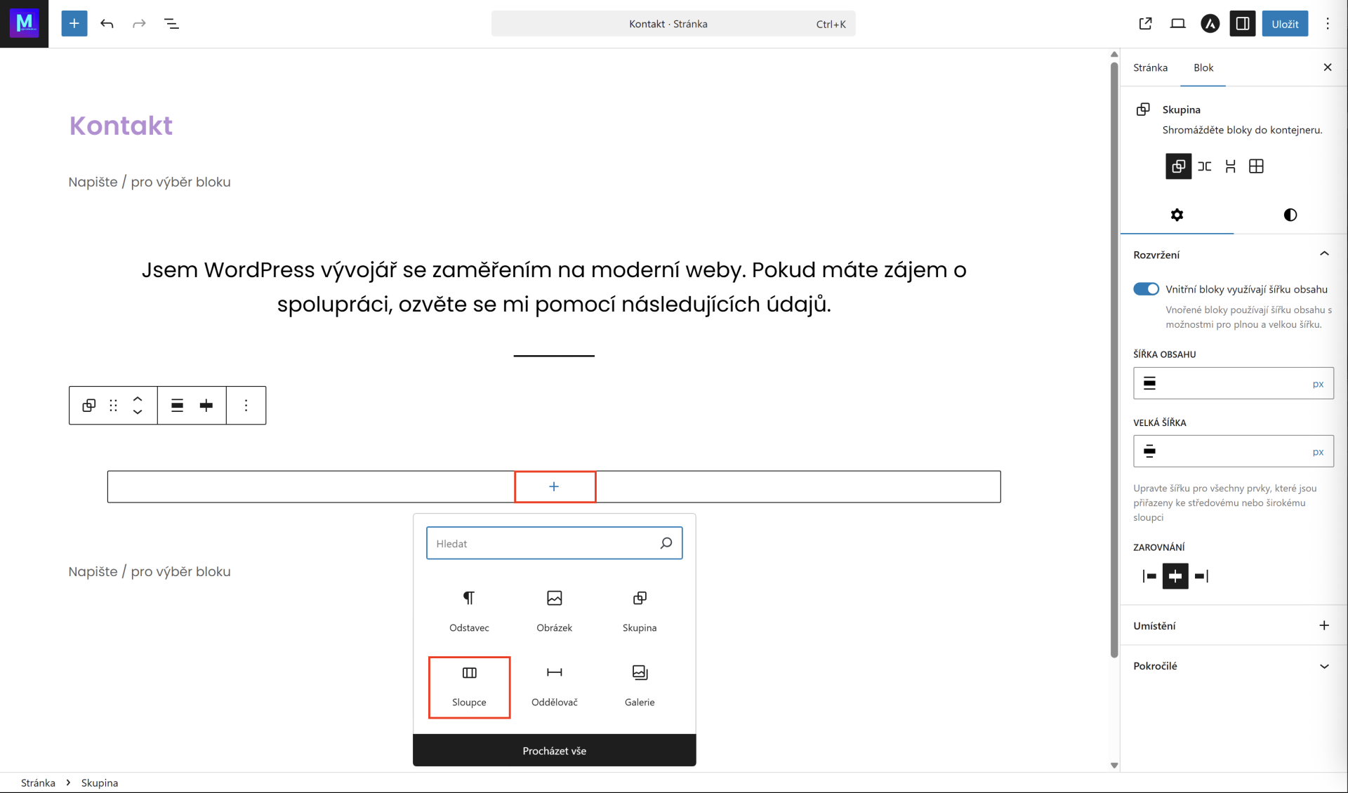 Nový element stĺpca. - WordPress - Základy - WordPress - Základy
