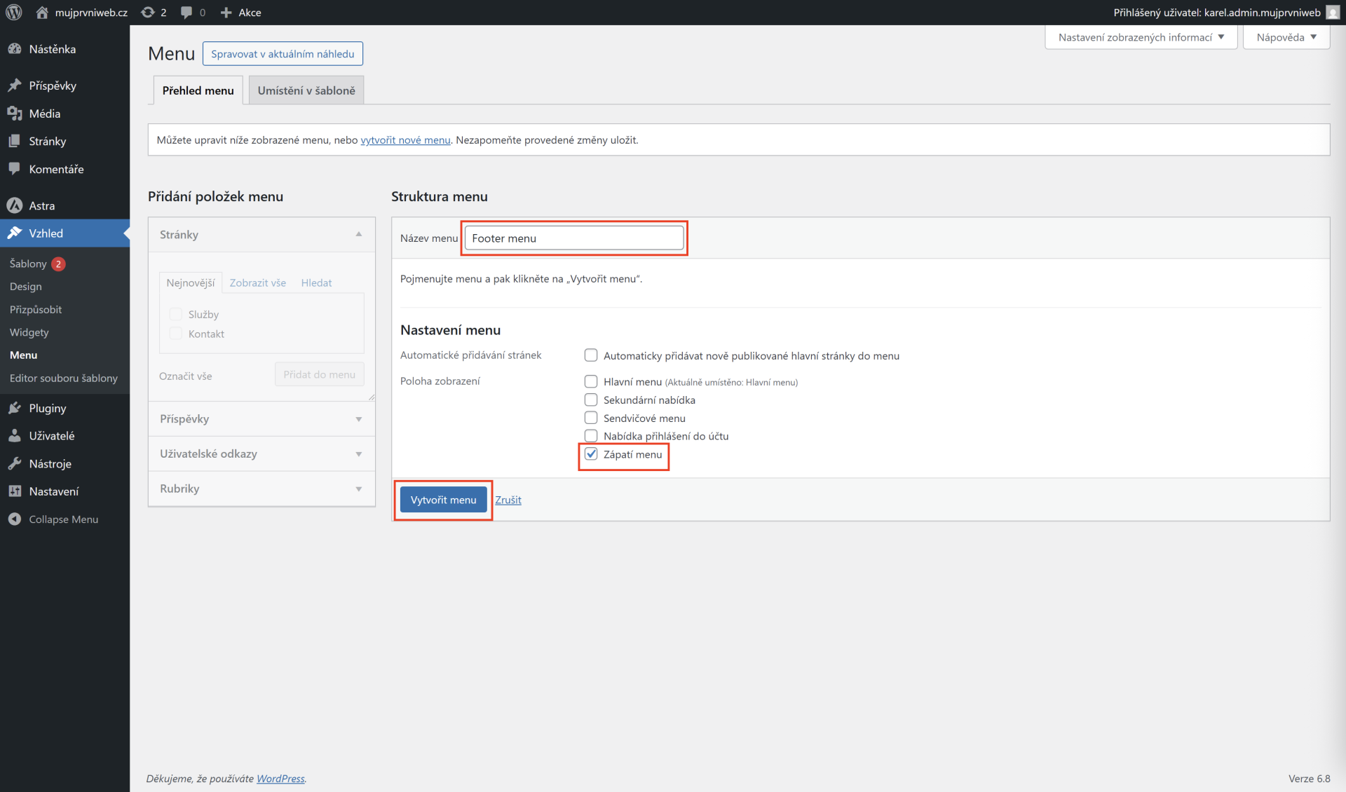 Konfigurácia menu v pätičke stránky. - WordPress - Základy - WordPress - Základy