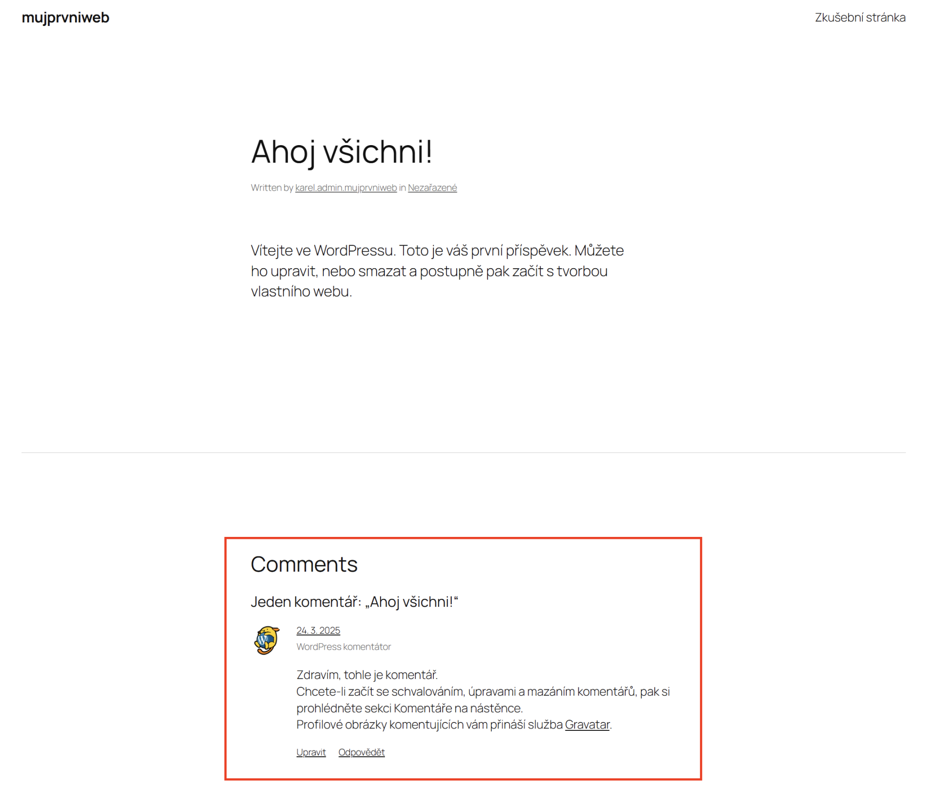 Komentár pod skúšobným článkom - WordPress - Základy - WordPress - Základy