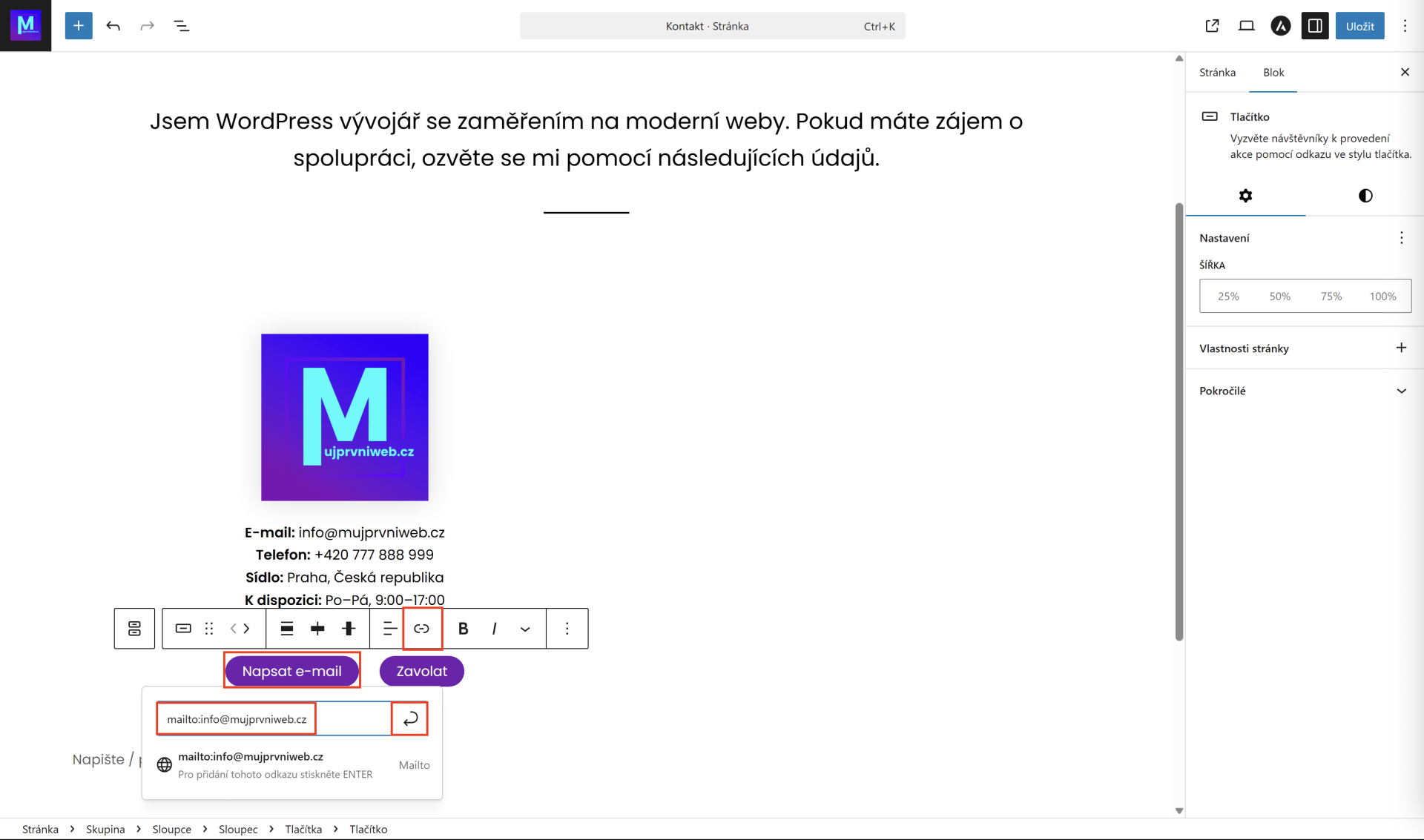 Vloženie mailito odkazu.  - WordPress - Základy - WordPress - Základy