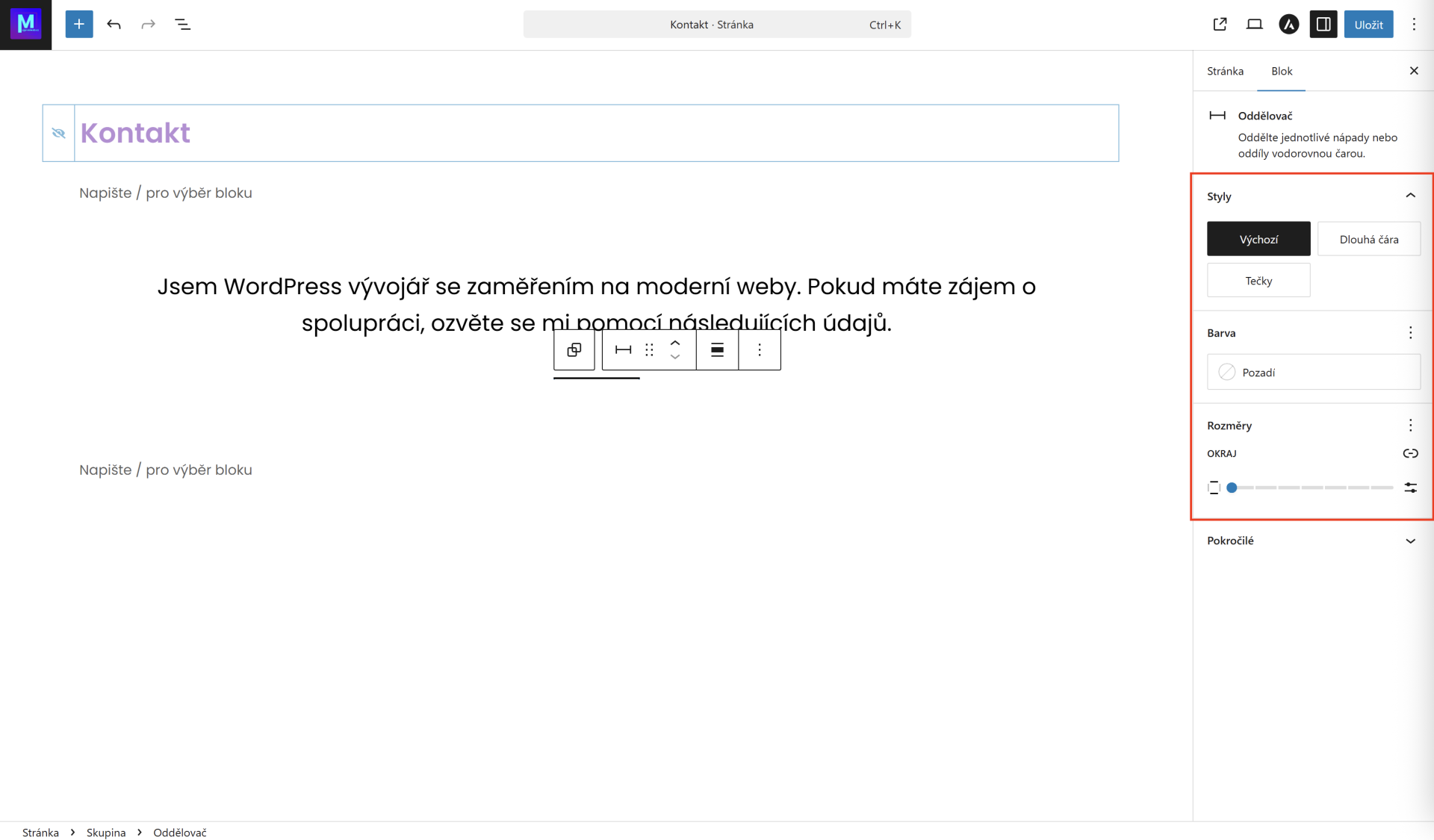 Možnosti nastavenia oddeľovača. - WordPress - Základy - WordPress - Základy