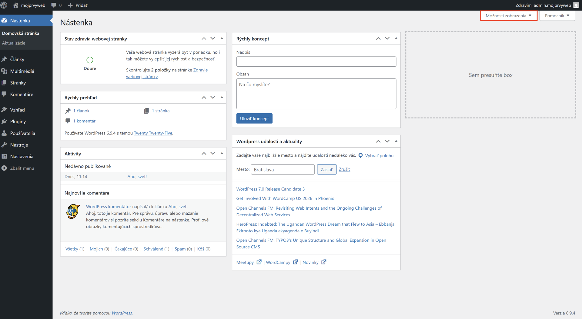 Nastavenia zobrazených informácií na nástenke - WordPress - Základy