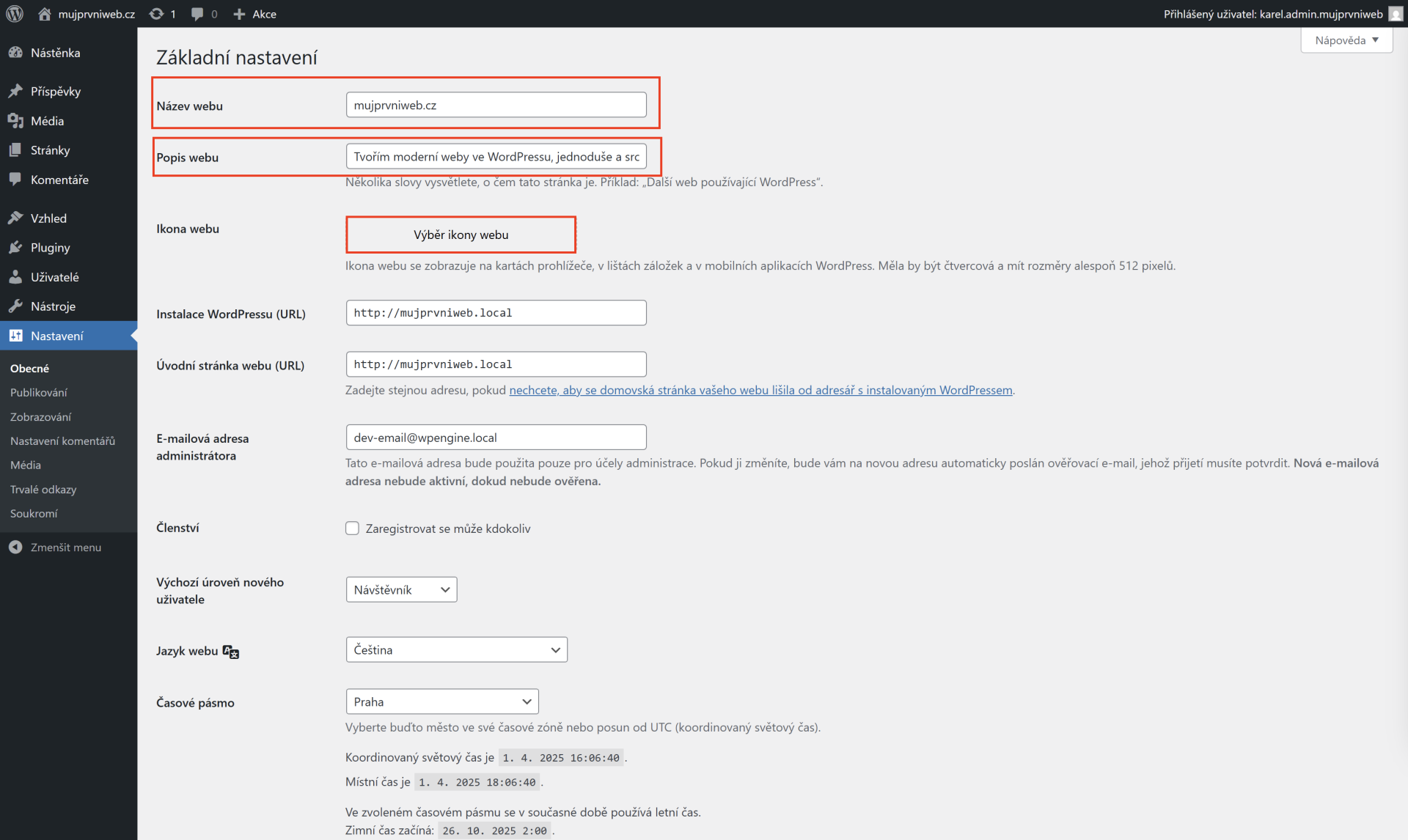 Vyplnený názov a popis webu - WordPress - Základy - WordPress - Základy