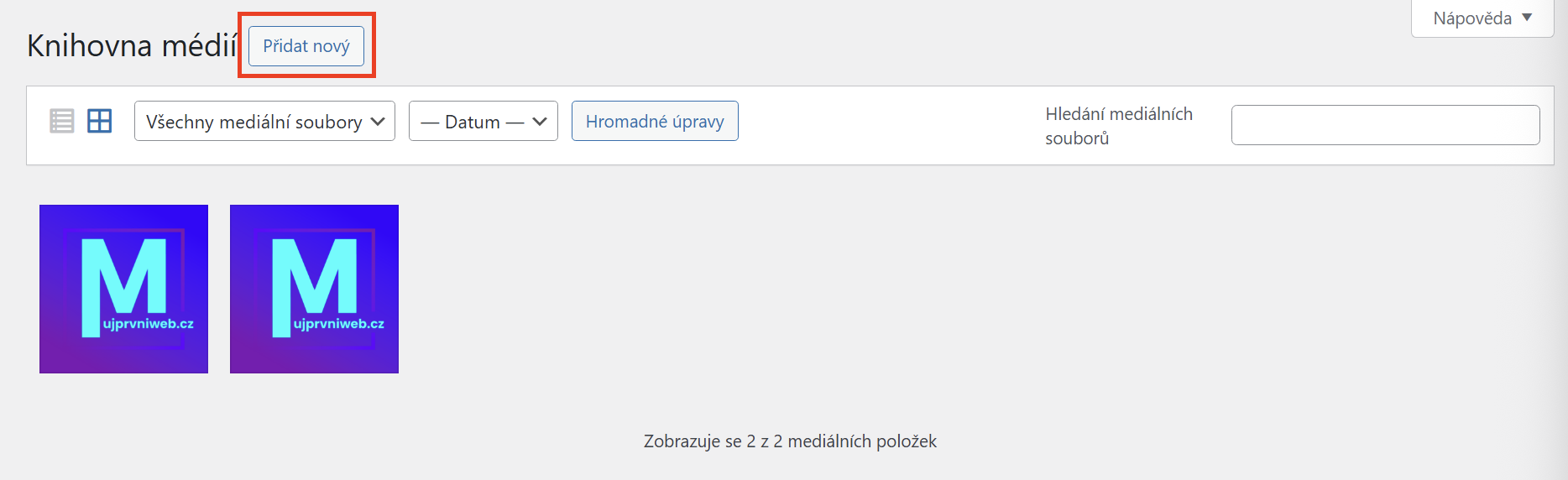 Tlačidlo na pridanie nového súboru. - WordPress - Základy - WordPress - Základy