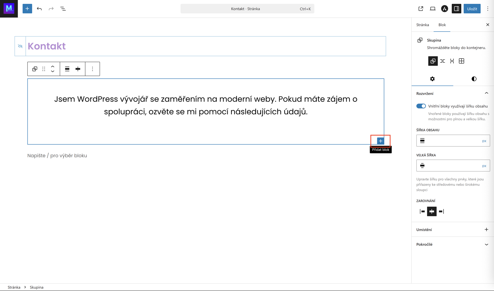 Nový element v kontajneri. - WordPress - Základy - WordPress - Základy
