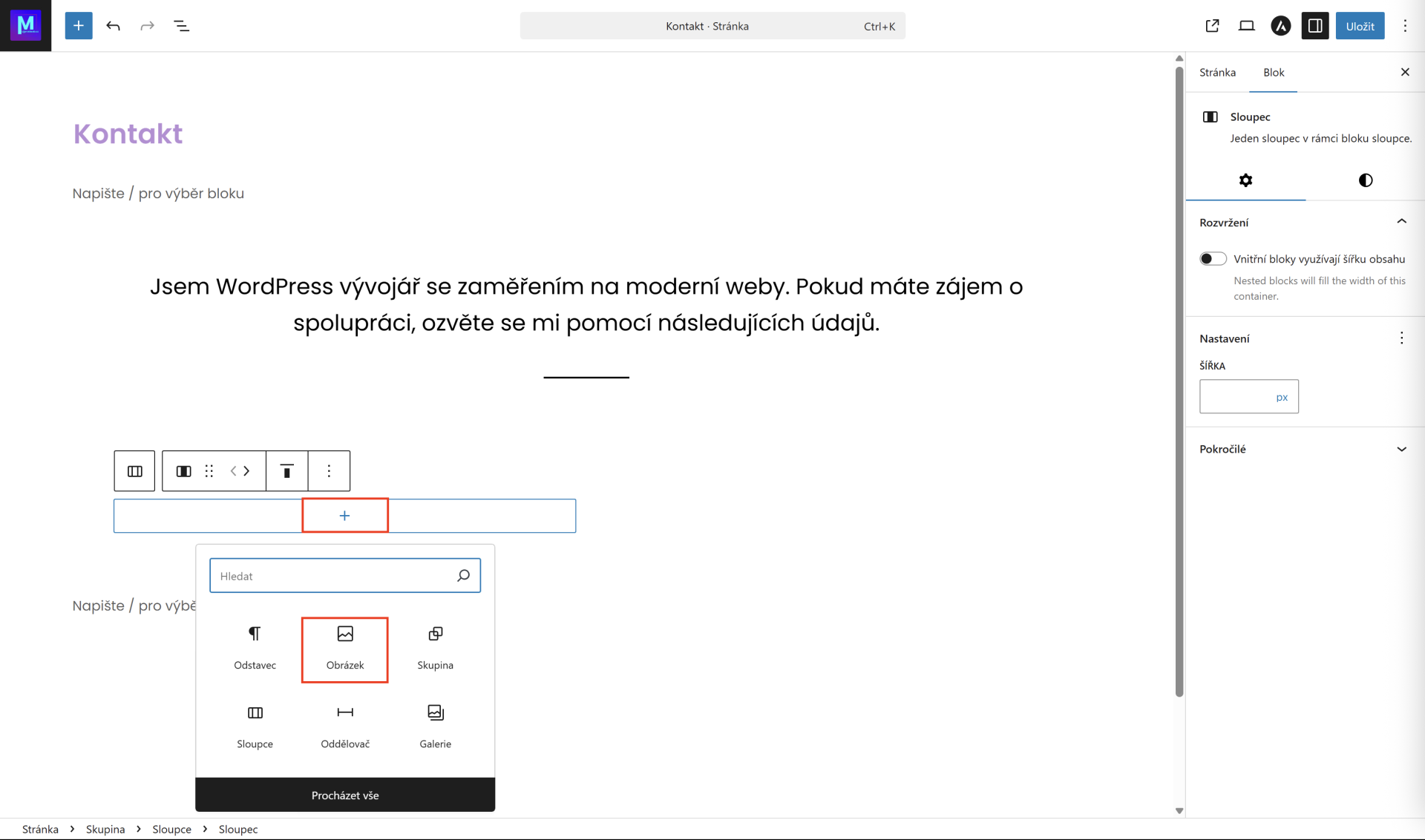 Vloženie obrázku do stĺpca. - WordPress - Základy - WordPress - Základy