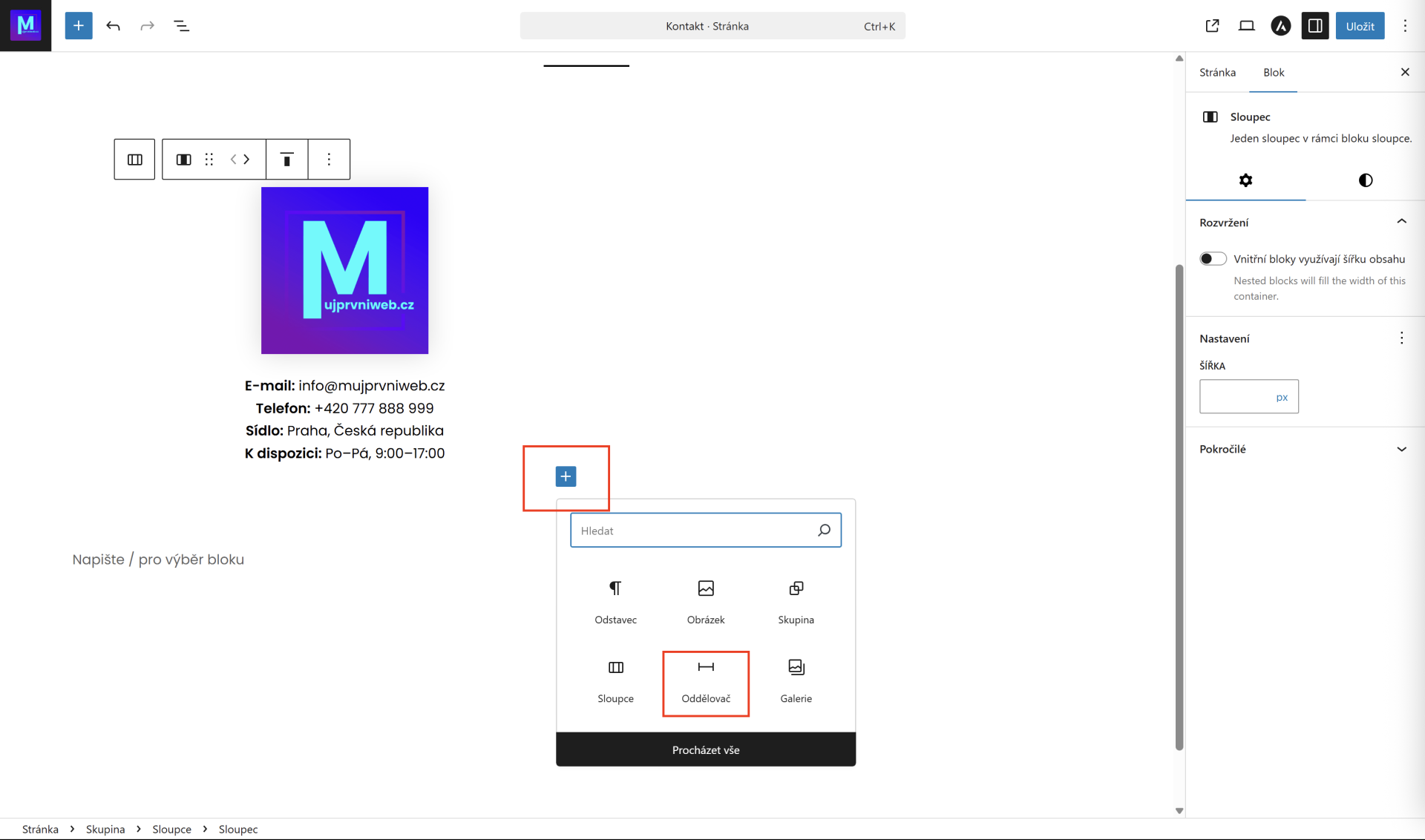 Pridanie oddeľovača. - WordPress - Základy - WordPress - Základy