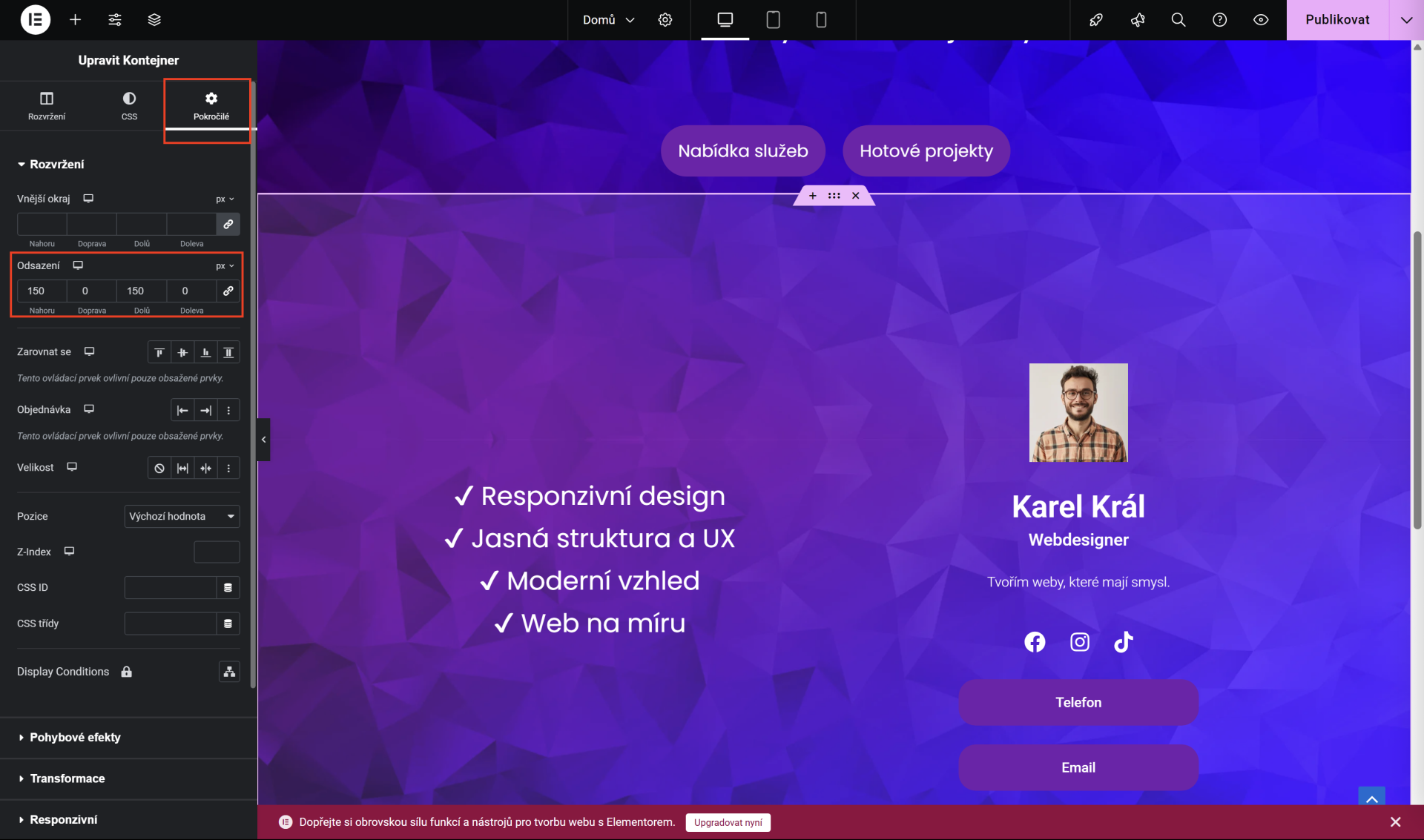 Nastavenie odsadenia kontajnera. - WordPress - Základy - WordPress - Základy