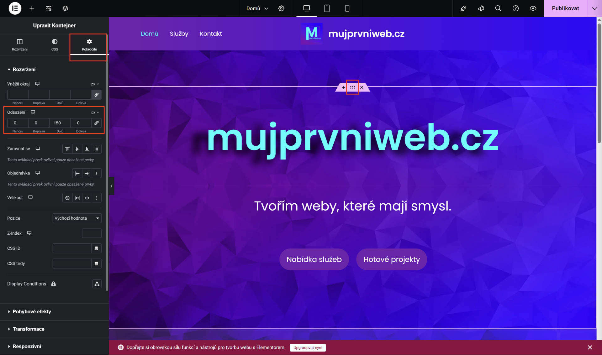 Nastavenie odsadenia prvej sekcie. - WordPress - Základy - WordPress - Základy